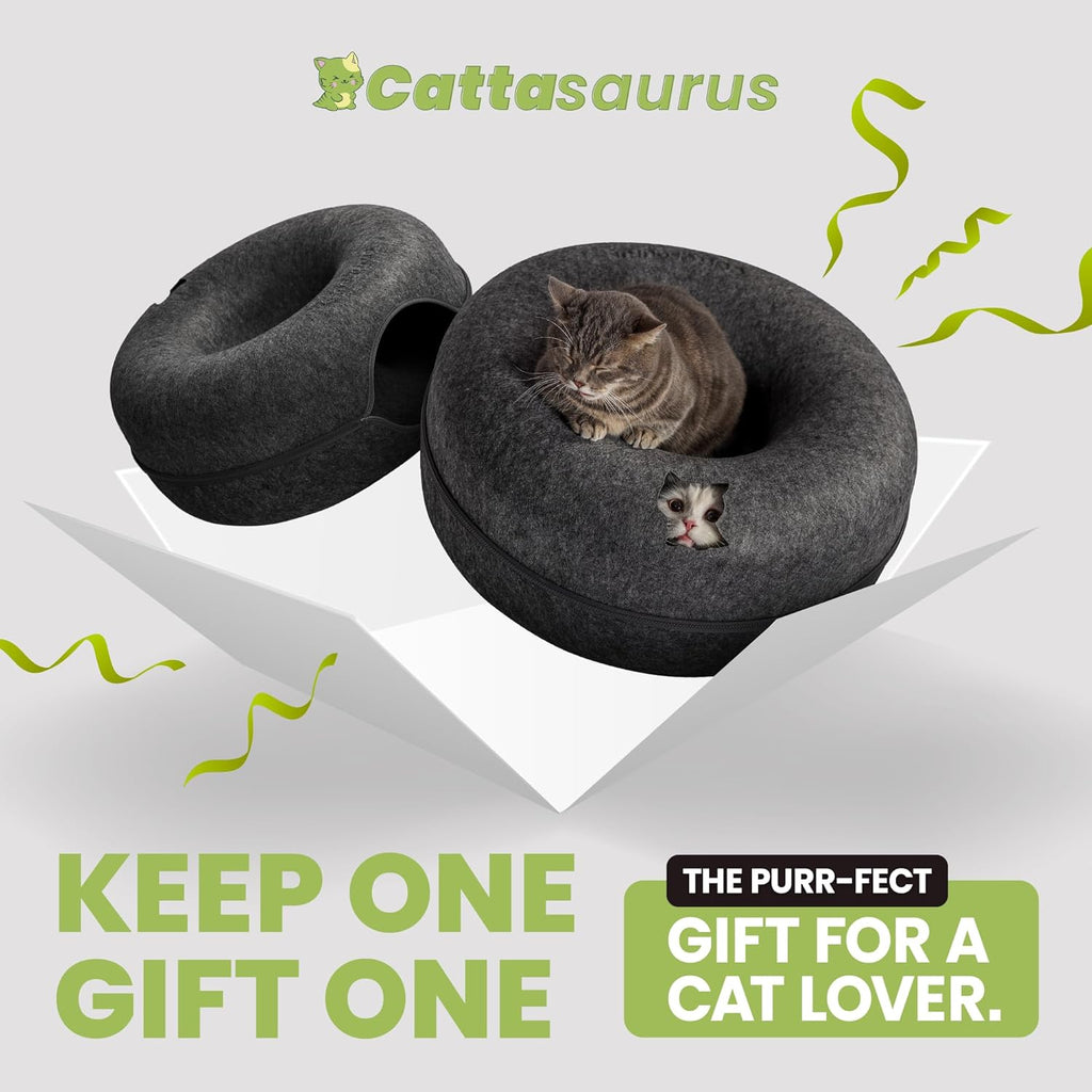 Peekaboo Cat Cave Donut for Multiple & Large Cats up to 30-45 Lbs, 3-In-1 Self Warming Cat Bed, Tunnel & Scratcher for Indoor Cats, Washable & Detachable (Dark Gray + Dark Gray, Large)