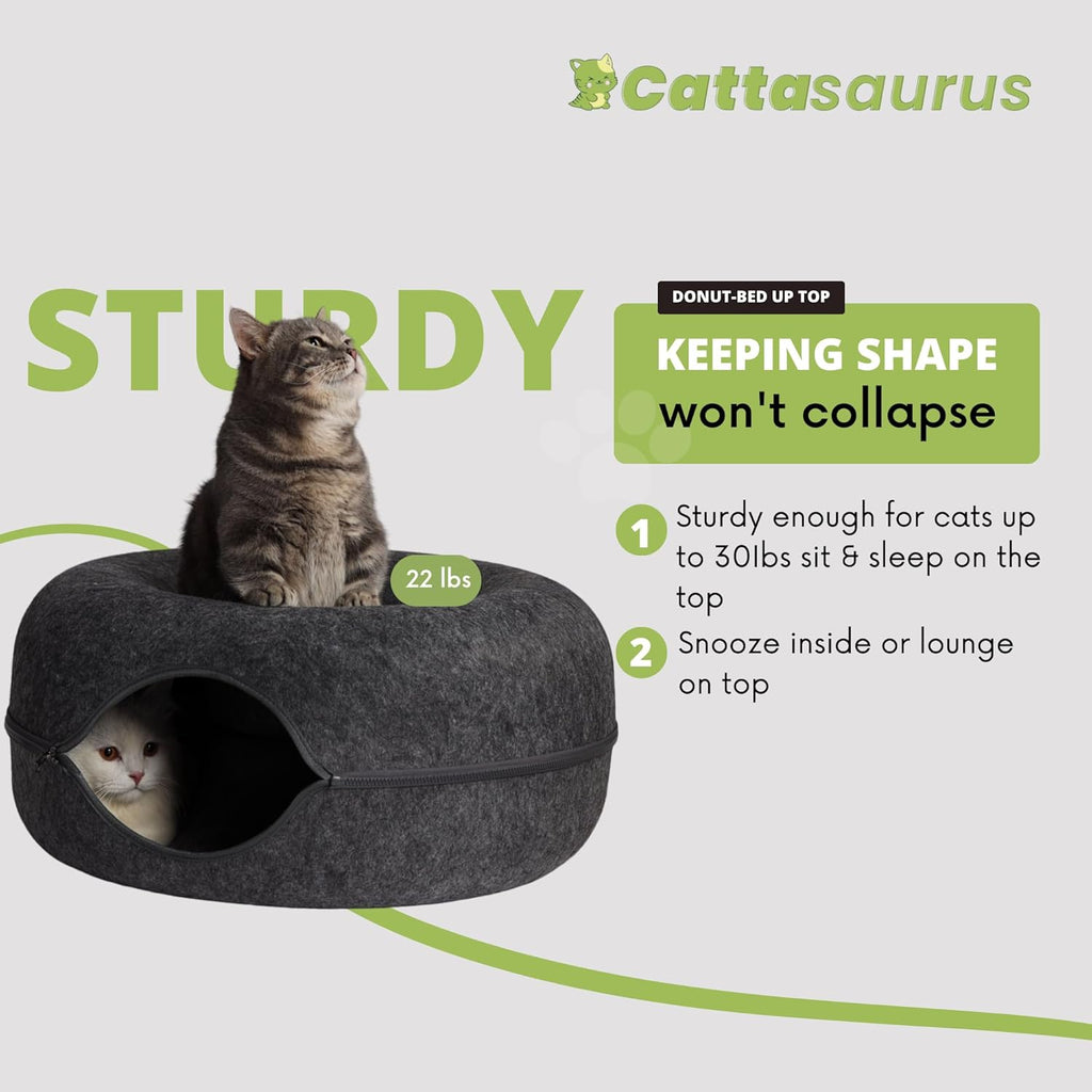 Peekaboo Cat Cave Donut for Multiple & Large Cats up to 30-45 Lbs, 3-In-1 Self Warming Cat Bed, Tunnel & Scratcher for Indoor Cats, Washable & Detachable (Dark Gray + Dark Gray, Large)