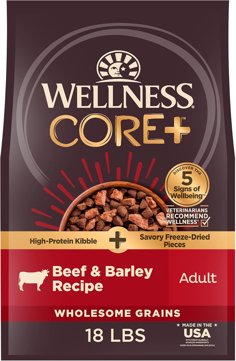 CORE+ Dry Dog Food with Freeze Dried Pieces, Wholesome Grains, High Protein, Natural, Beef & Barley Recipe, (18-Pound Bag)