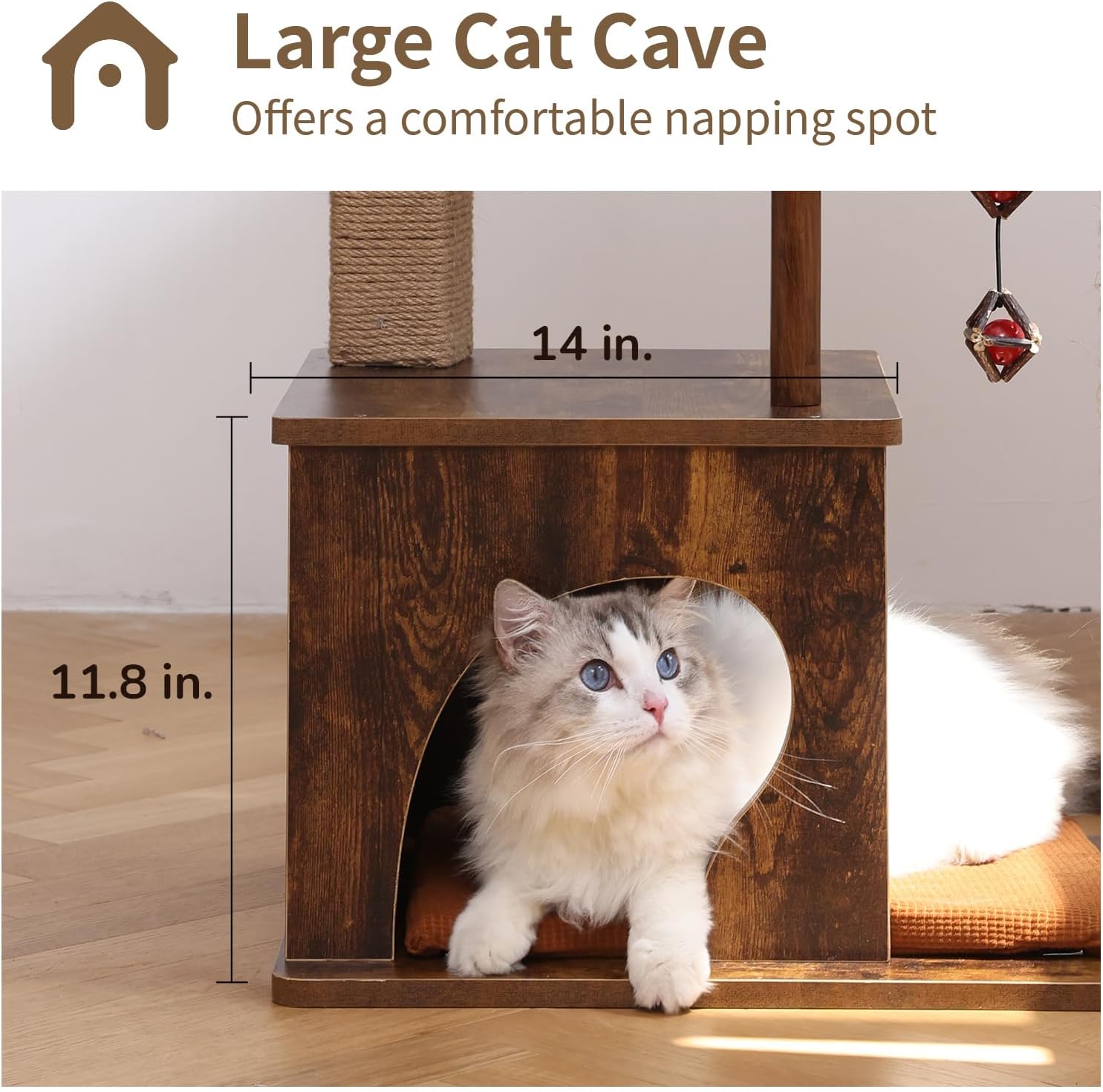 Cat Tree, 4 in 1 Large Modern Cats Tower with Jute Scratching Post and Hammock, Wood Cat Condo with Silvervine Balls, Brown Cat Climber Stand Playhouse for Indoor Cats, Retro Style