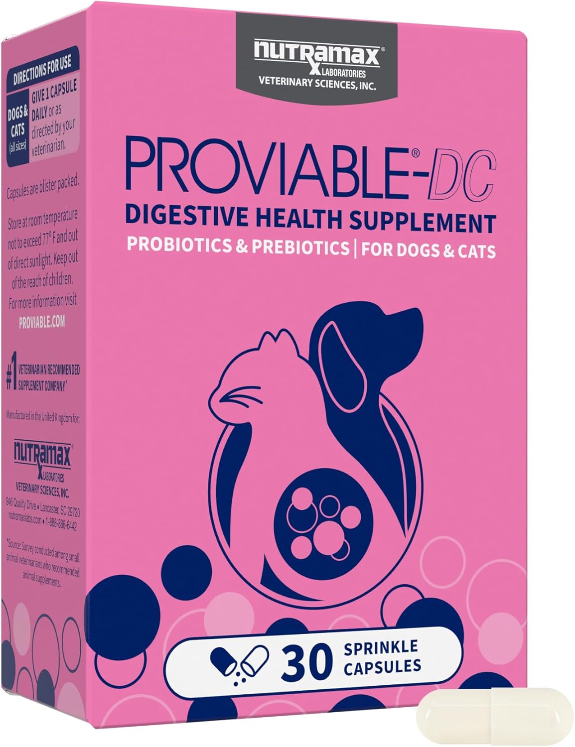 Nutramax Proviable Probiotics for Dogs and Cats, Daily Digestive Health Supplement with Multiple Strains of Bacteria, Cat and Dog Probiotics plus Prebiotics, 80 Capsules