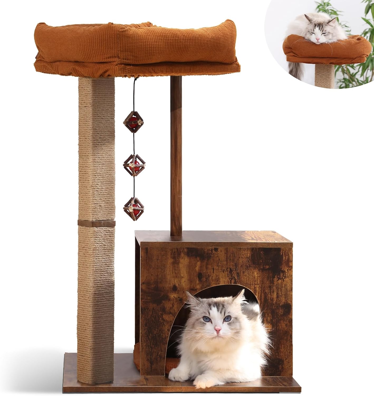 Cat Scratching Post, Modern Style Cat Tree with Unique Square Post, Wooden Cat Tower with Silvervine Balls, Retro Cat Condo Scratcher for Indoor Cats（Solid Wood）