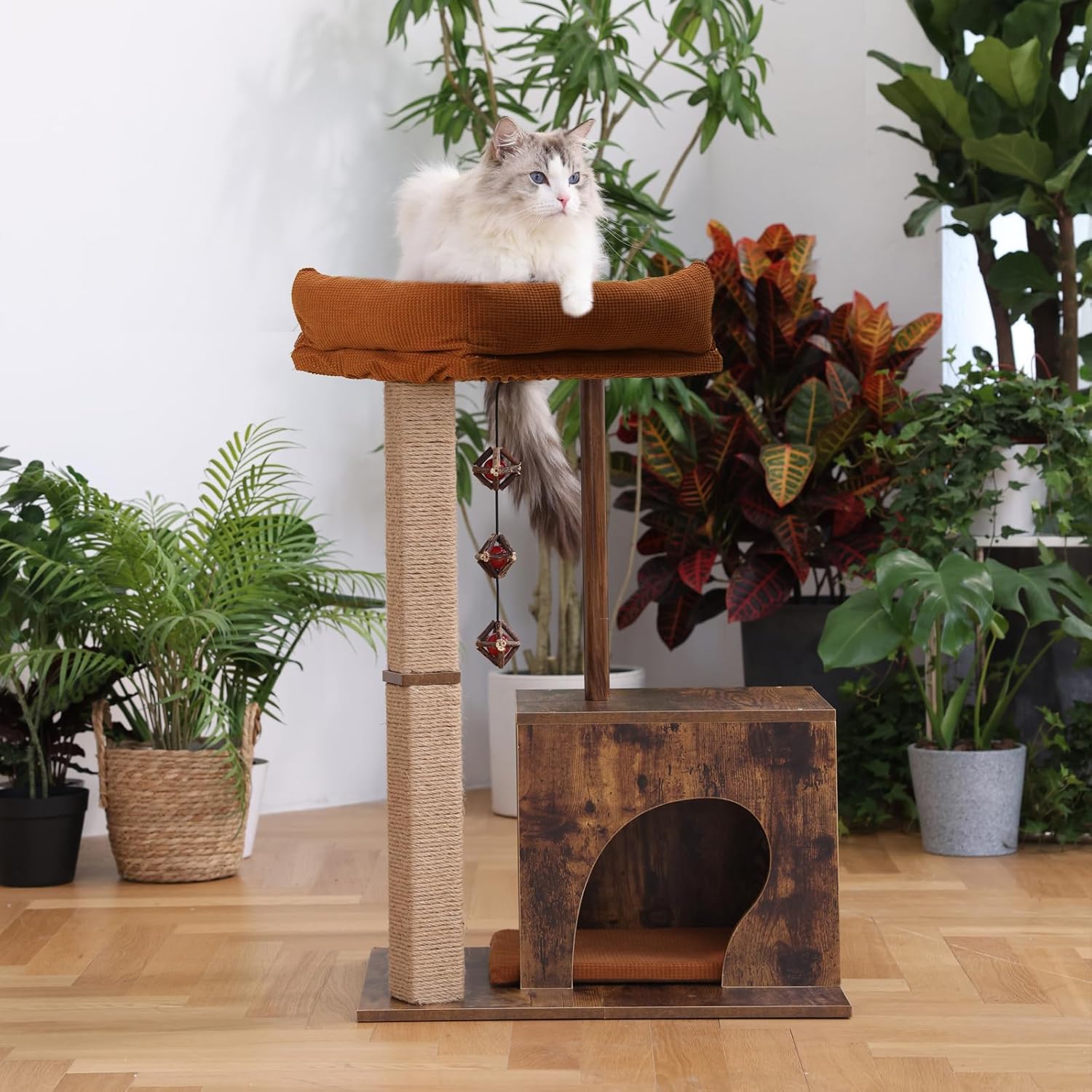Cat Scratching Post, Modern Style Cat Tree with Unique Square Post, Wooden Cat Tower with Silvervine Balls, Retro Cat Condo Scratcher for Indoor Cats（Solid Wood）