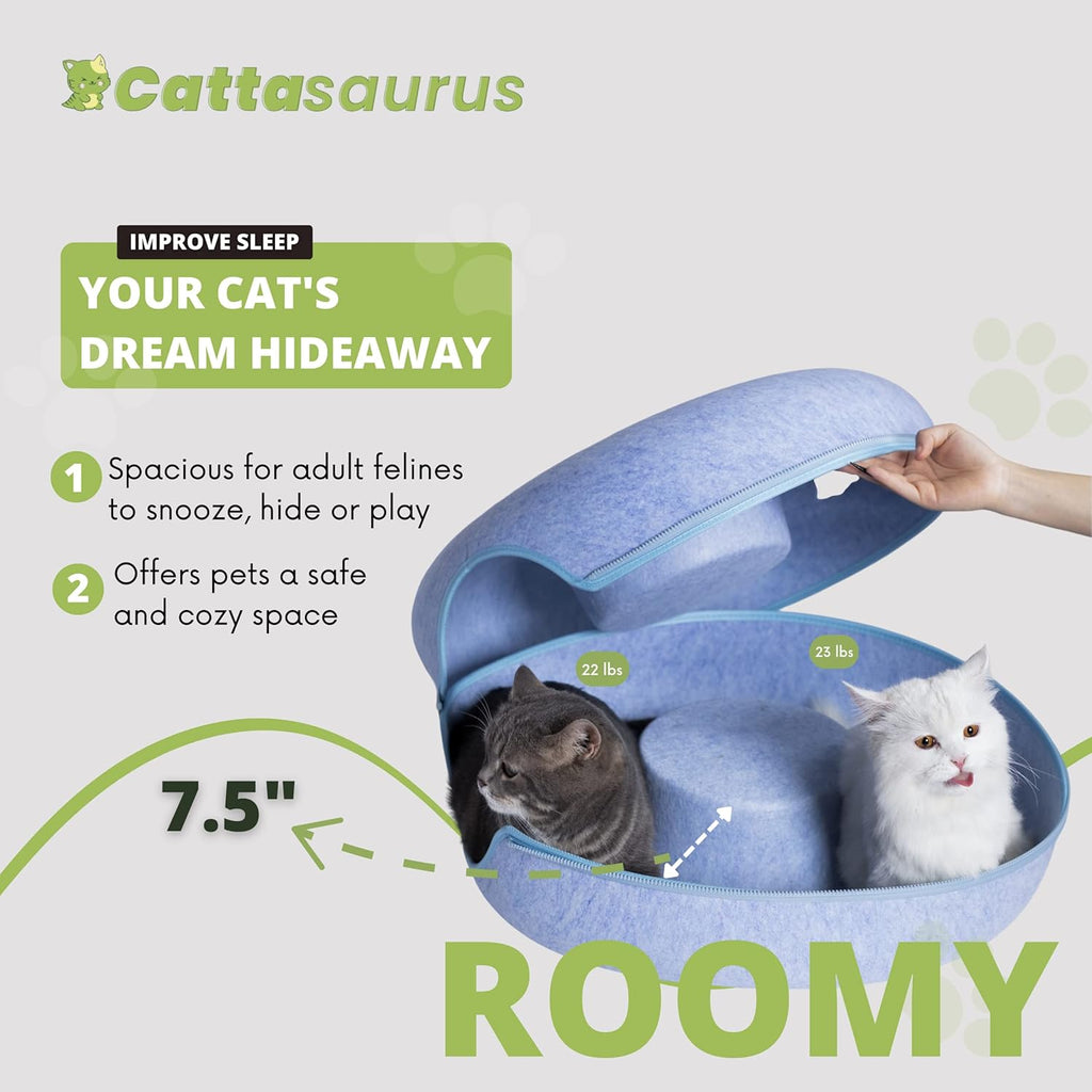 Peekaboo Cat Cave Donut for Multiple & Large Cats up to 30-45 Lbs, 3-In-1 Self Warming Cat Bed, Tunnel & Scratcher for Indoor Cats, Washable & Detachable Small Dog Bed (Blue, Large)
