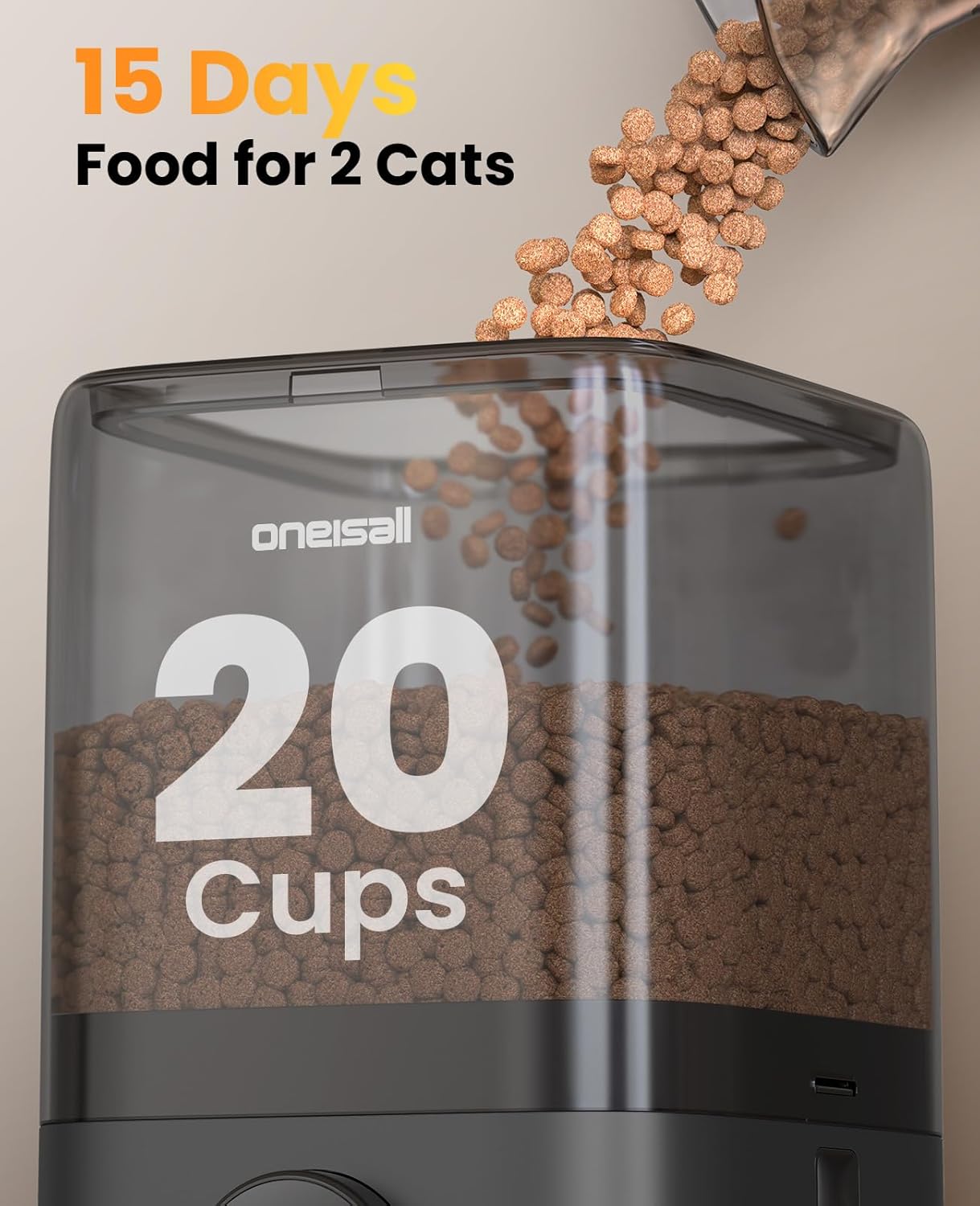 Cordless Wifi Automatic Cat Feeder for 2 Cats, Rechargeable 100-Day Battery Operated Auto Cat Feeder, 20 Cups/5L Timed Cats Food Dispenser Automatic for Large Kibble, Smart App Control