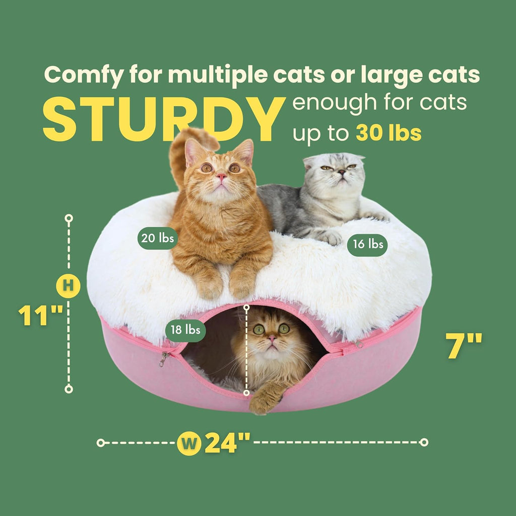 Peekaboo Cat Cave for Multiple & Large Cats up to 30-45 Lbs, Fluffy Cat Beds for Indoor Cats, Scratch Detachable & Washable Tunnel Bed, Comfy Donut Cave (Pink, Large (Calming))