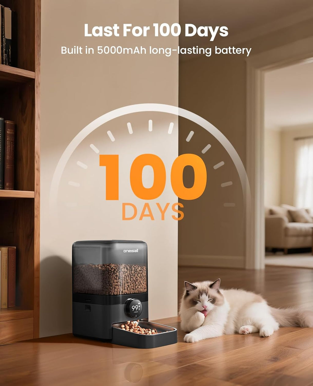 Cordless Wifi Automatic Cat Feeder, Rechargeable 100-Day Battery Operated Pet Feeder, 20 Cups/5L Timed Cat Food Dispenser for Large Kibble, Smart App Control (Black)