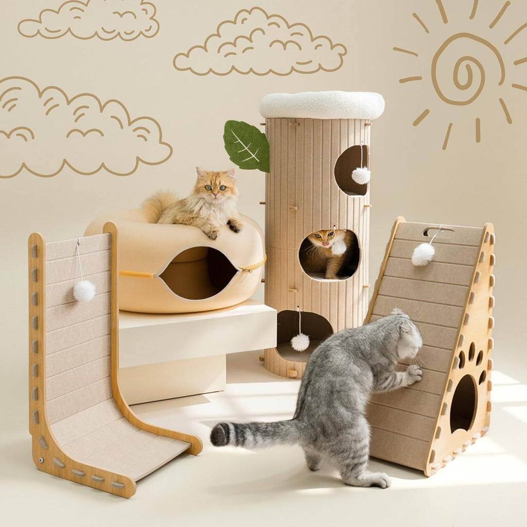 Modern Cat Tower with 3 Levels, 38.5" Tall Hideaway Cat Tree Design, Plush Fleece Top Bed, Built-In Pom-Pom Toys, Natural Ribbed Felt Exterior (Beige)