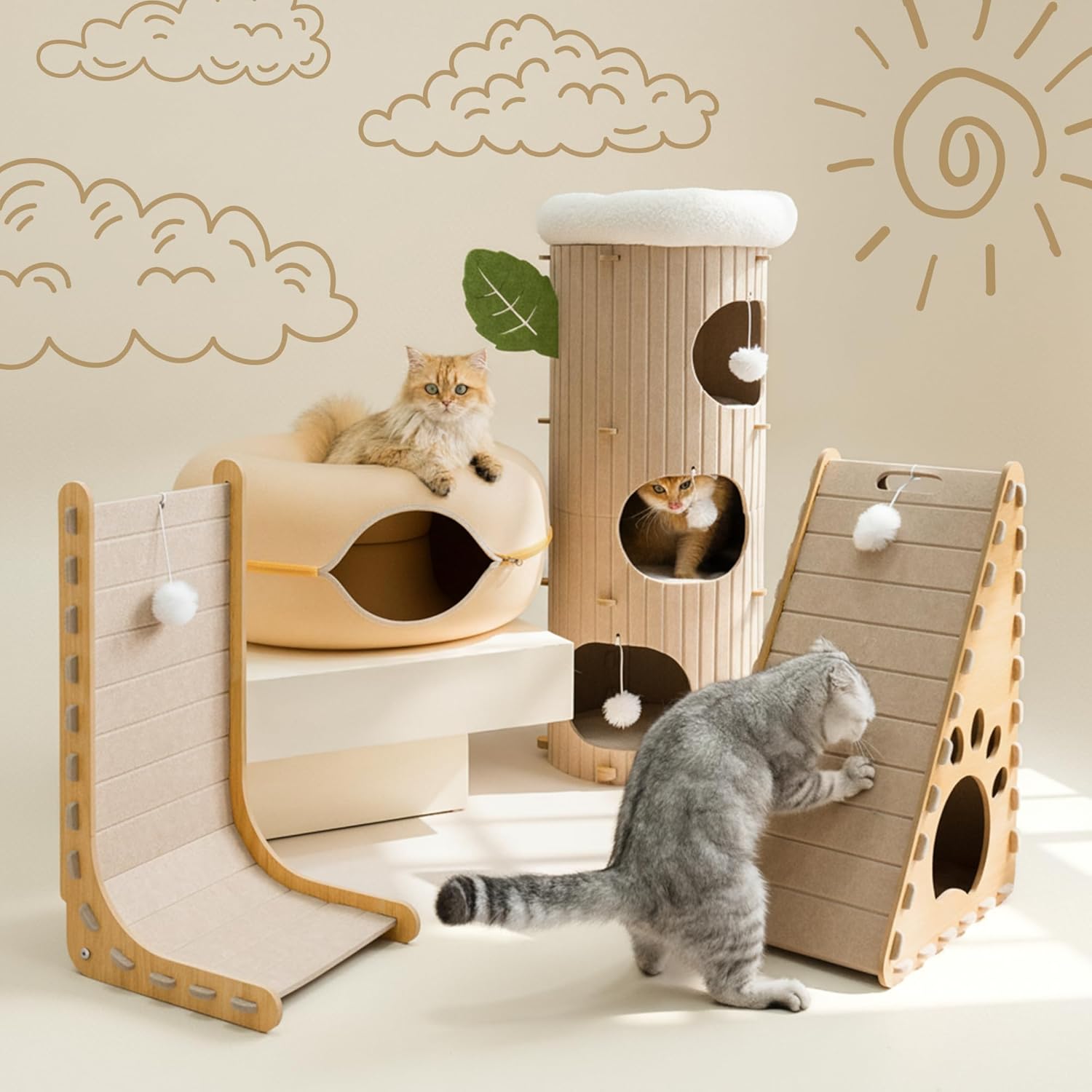 Modern Cat Tower with 3 Levels, 38.5" Tall Hideaway Cat Tree Design, Plush Fleece Top Bed, Built-In Pom-Pom Toys, Natural Ribbed Felt Exterior (Beige)