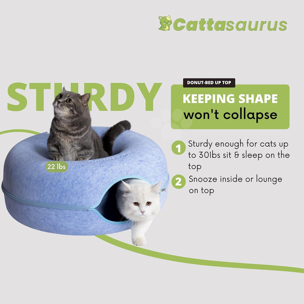 Peekaboo Cat Cave Donut for Multiple & Large Cats up to 30-45 Lbs, 3-In-1 Self Warming Cat Bed, Tunnel & Scratcher for Indoor Cats, Washable & Detachable Small Dog Bed (Blue, Large)