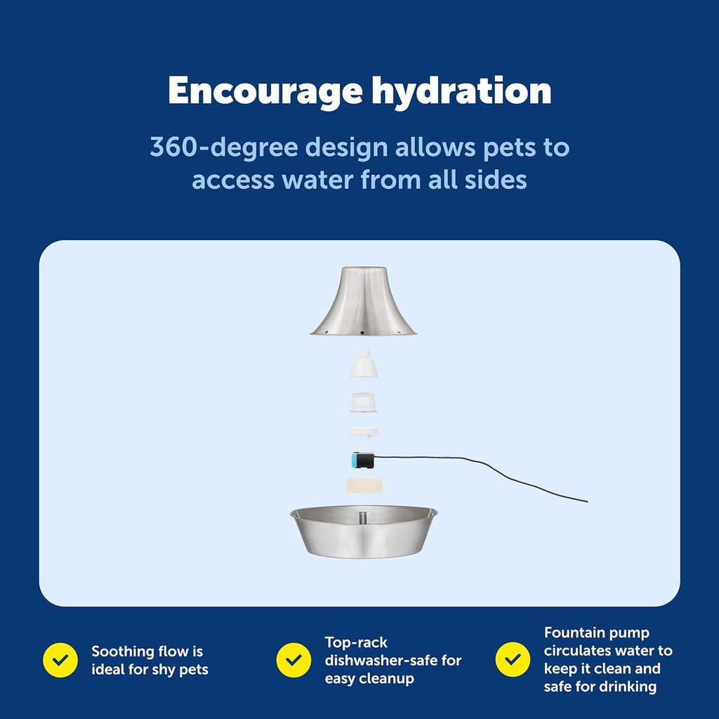 Seaside Stainless Pet Fountain - Encourages Hydration - Dual Filtration Removes Odors - Compact Design - Rust Resistant Material - Quiet Motor -