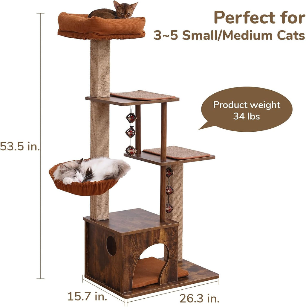 Cat Tree, 4 in 1 Large Modern Cats Tower with Jute Scratching Post and Hammock, Wood Cat Condo with Silvervine Balls, Brown Cat Climber Stand Playhouse for Indoor Cats, Retro Style