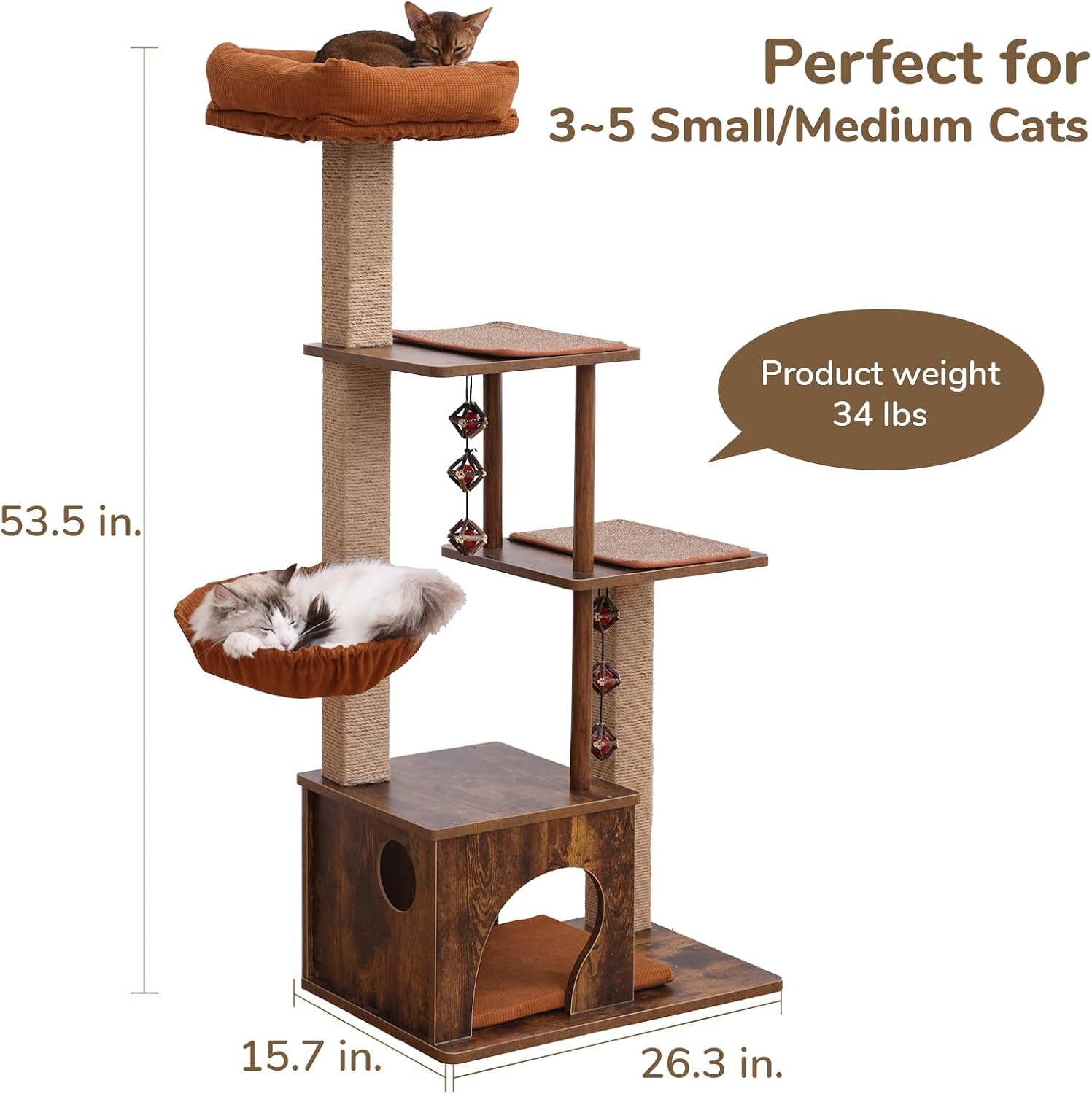 Cat Tree, 4 in 1 Large Modern Cats Tower with Jute Scratching Post and Hammock, Wood Cat Condo with Silvervine Balls, Brown Cat Climber Stand Playhouse for Indoor Cats, Retro Style