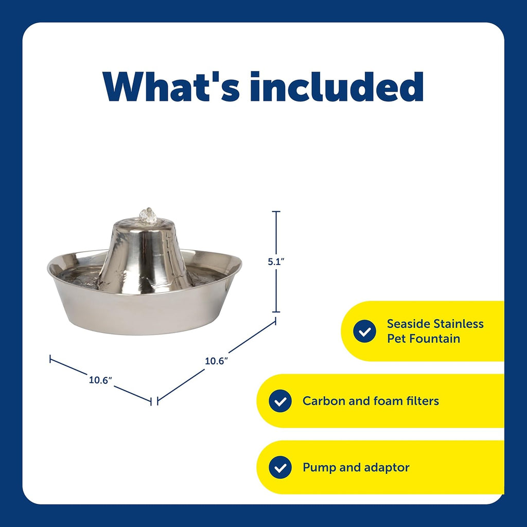 Seaside Stainless Pet Fountain - Encourages Hydration - Dual Filtration Removes Odors - Compact Design - Rust Resistant Material - Quiet Motor -