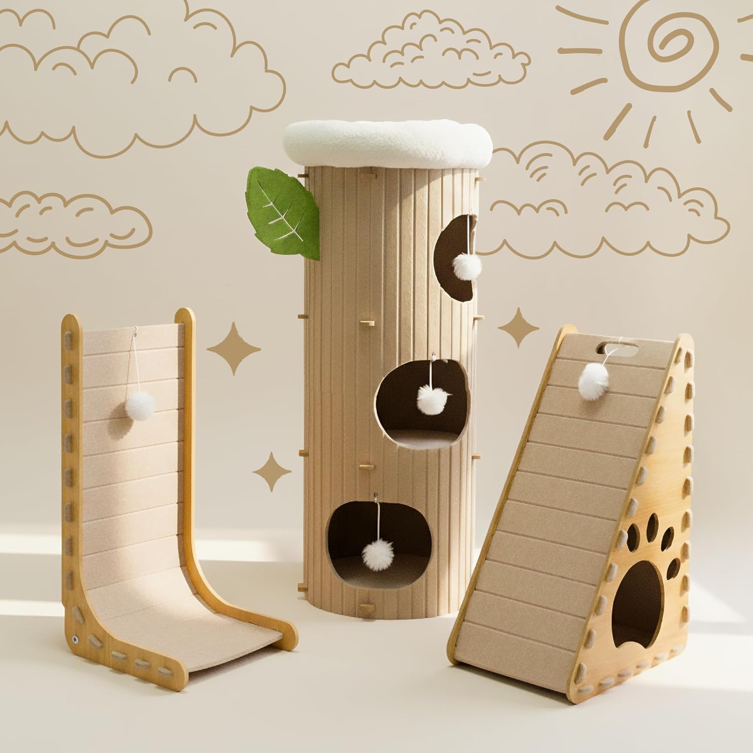 Modern Cat Tower with 3 Levels, 38.5" Tall Hideaway Cat Tree Design, Plush Fleece Top Bed, Built-In Pom-Pom Toys, Natural Ribbed Felt Exterior (Beige)