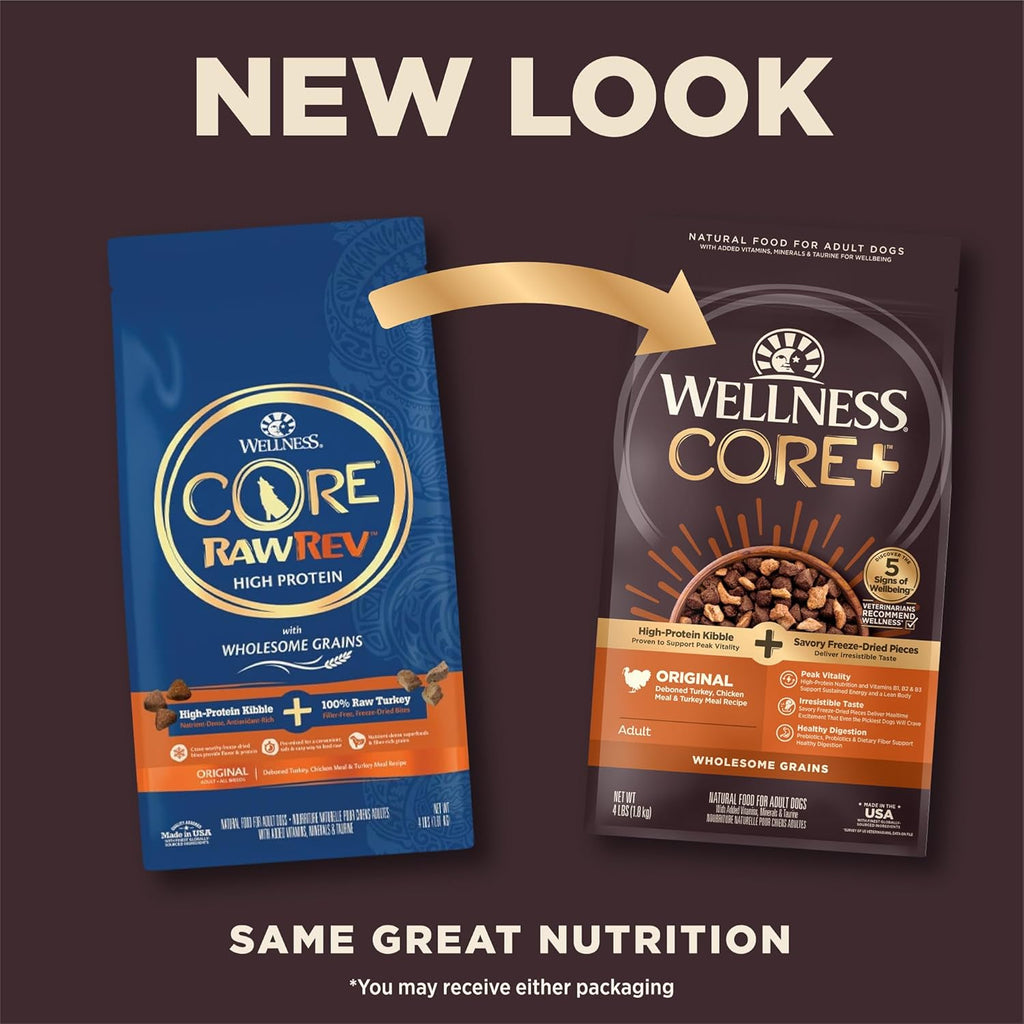 CORE+ Dry Dog Food with Wholesome Grains, Natural Ingredients, Made in USA with Real Freeze-Dried Meat (Adult, Turkey, 4 Lbs) (Pack of 2)