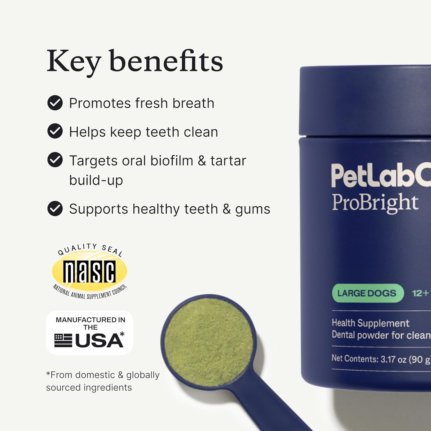 Probright Dental Powder - Dog Breath Freshener - Teeth Cleaning Made Easy – Targets Tartar & Bad Breath - Formulated for Large Dogs - Packaging May Vary