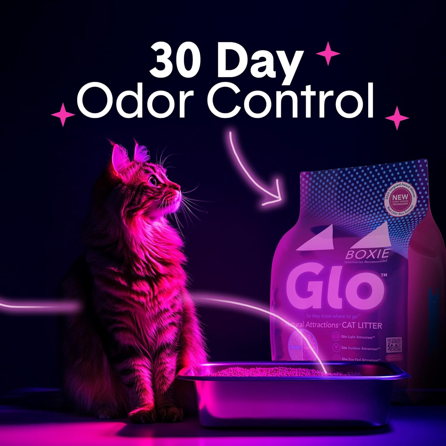 Boxie Glo Clumping Clay 30 Day Odor Control Cat Litter, 99.9% Dust-Free, Low Tracking, UV Light Attractant, 16 Lb