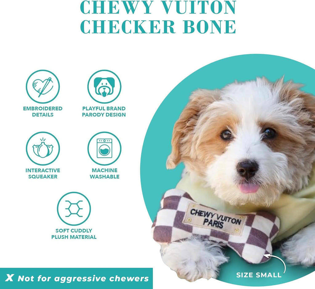 Checker Chewy Vuiton Bone, Plush Designer Dog Toys with Interactive Squeaker, Stimulating Pet Enrichment, Machine-Washable & Safe Materials for All Breeds, Size Medium