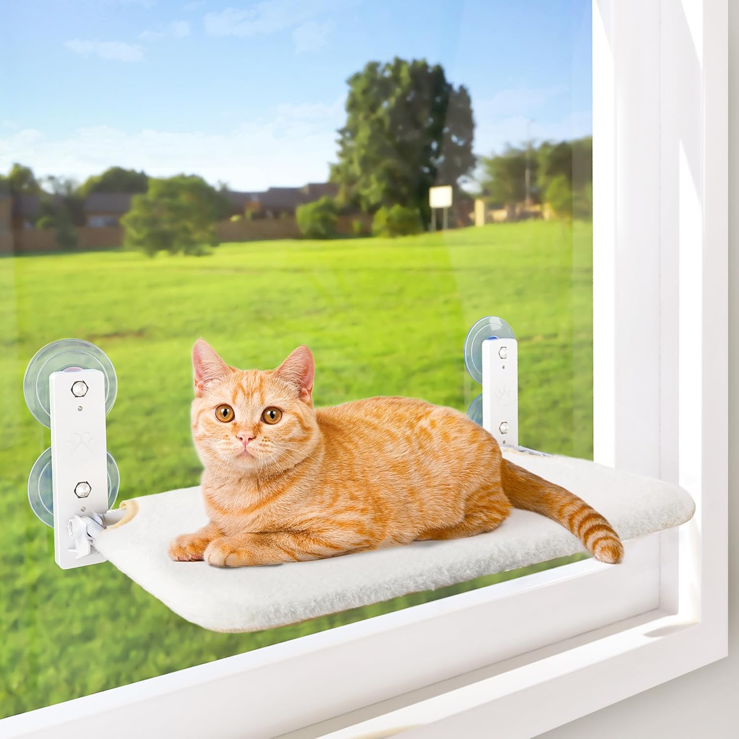 Cordless Cat Window Perch, Window Hammock for Cats with 4 Strong Suction Cups, Solid Metal Frame and Soft Cover, Indoor Cat Bed