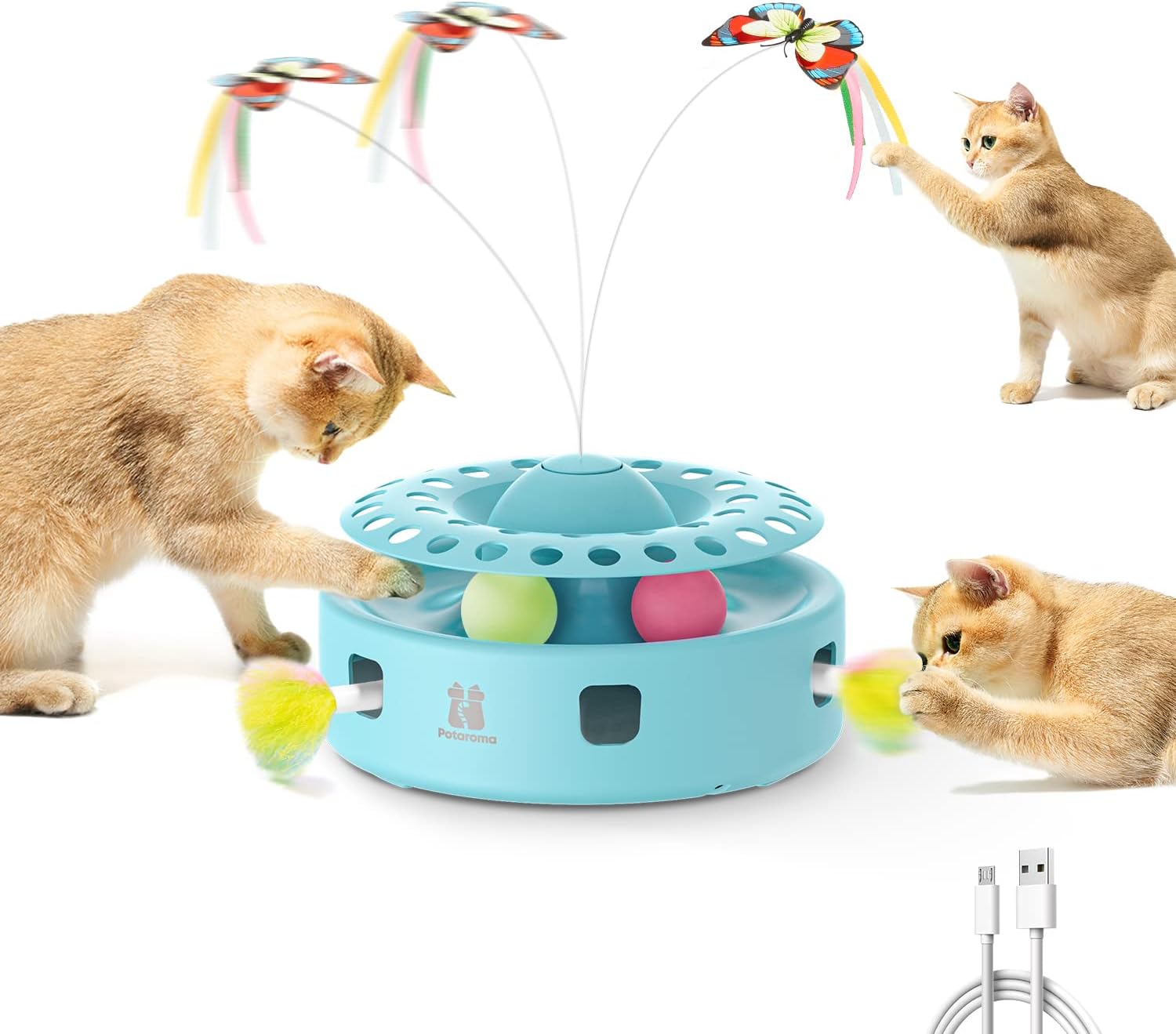 Cat Toys 3In1 Automatic Interactive Kitten Toy, Fluttering Butterfly, Moving Feather, Track Balls, Dual Power Supplies, USB Powered, Indoor Exercise Kicker (Bright White)