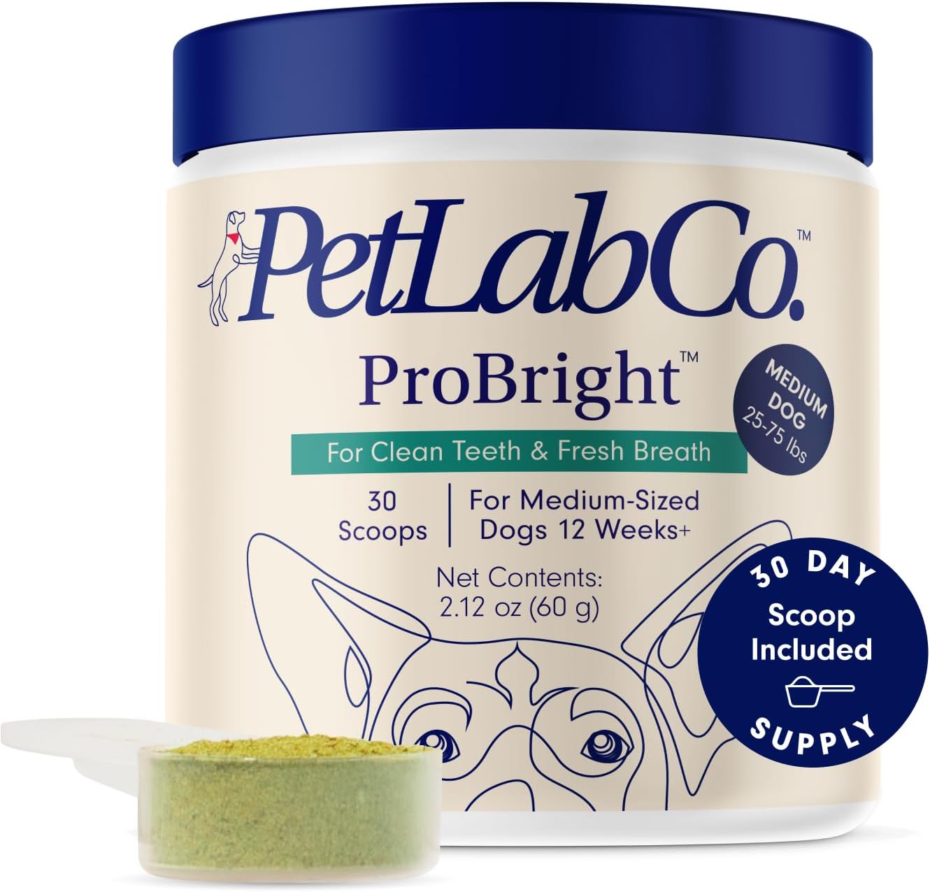 Probright Dental Powder - Dog Breath Freshener - Teeth Cleaning Made Easy – Targets Tartar & Bad Breath - Formulated for Large Dogs - Packaging May Vary