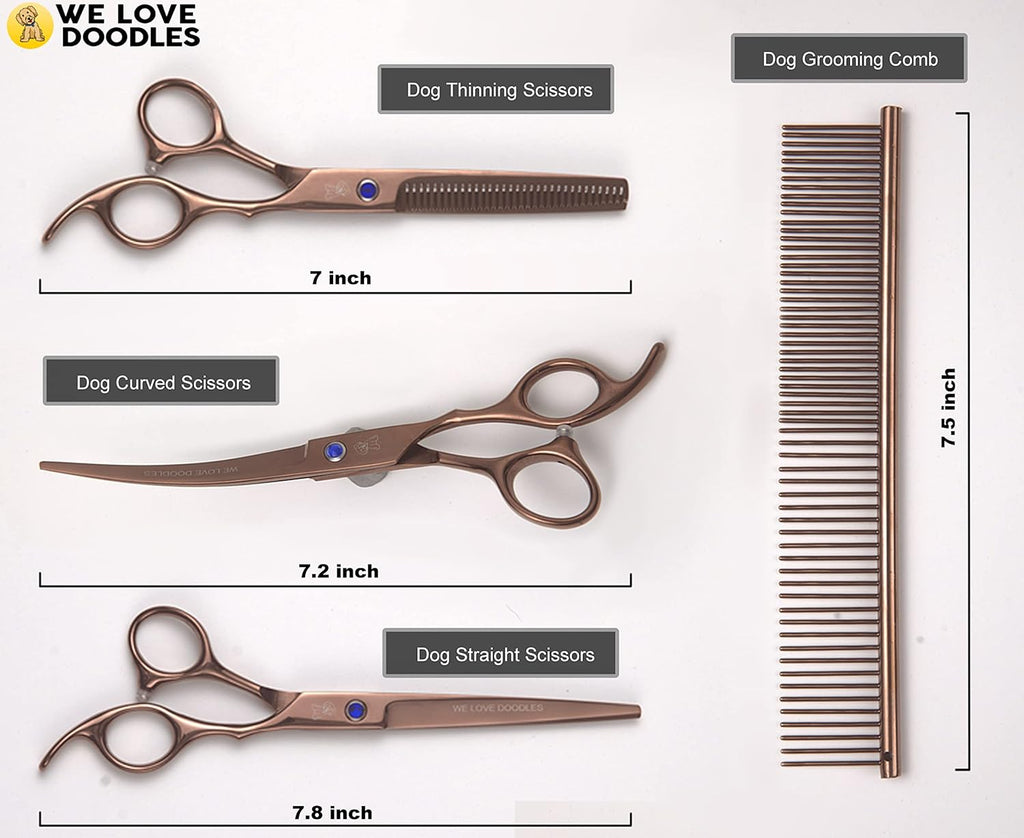 Dog Grooming Scissors Kit - Best Tools for Goldendoodles, Poodles & Doodles - Straight, Curved & Thinning Shears - Golden Doodle Grooming Kit - Professional Grade Steel, 4 Pc Set []
