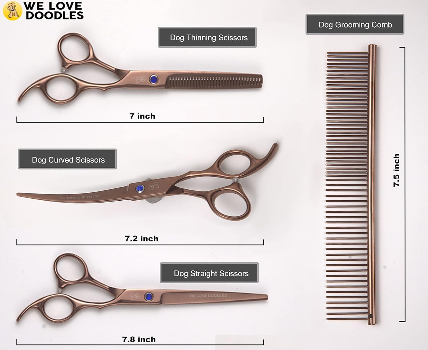 Dog Grooming Scissors Kit - Best Tools for Goldendoodles, Poodles & Doodles - Straight, Curved & Thinning Shears - Golden Doodle Grooming Kit - Professional Grade Steel, 4 Pc Set []