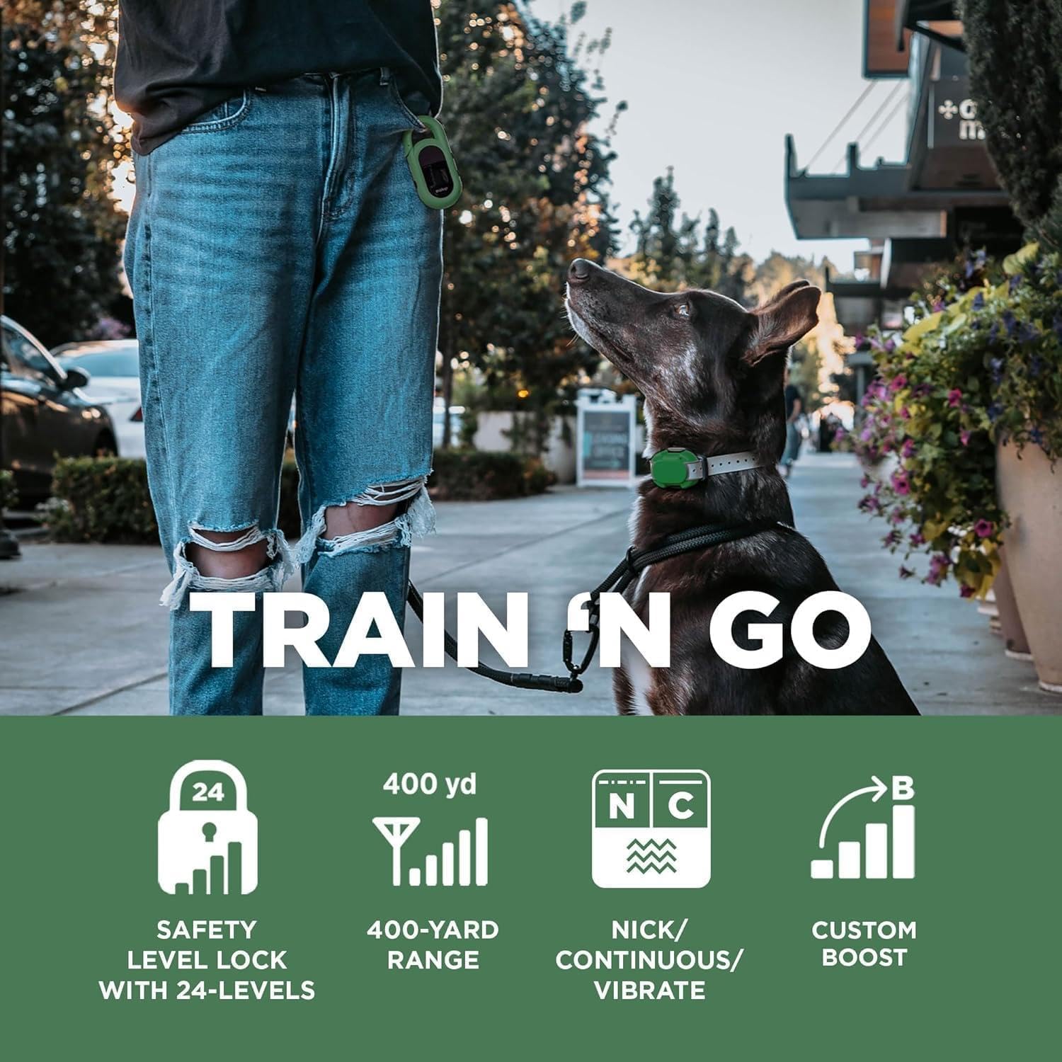 CUE Green – E-Collar for Dogs Training Collar with Remote – Training Made Easy for Everyday Dog Owners – Gentle Vibration, Custom Boost, Waterproof, Rechargeable, 400-Yard Range System