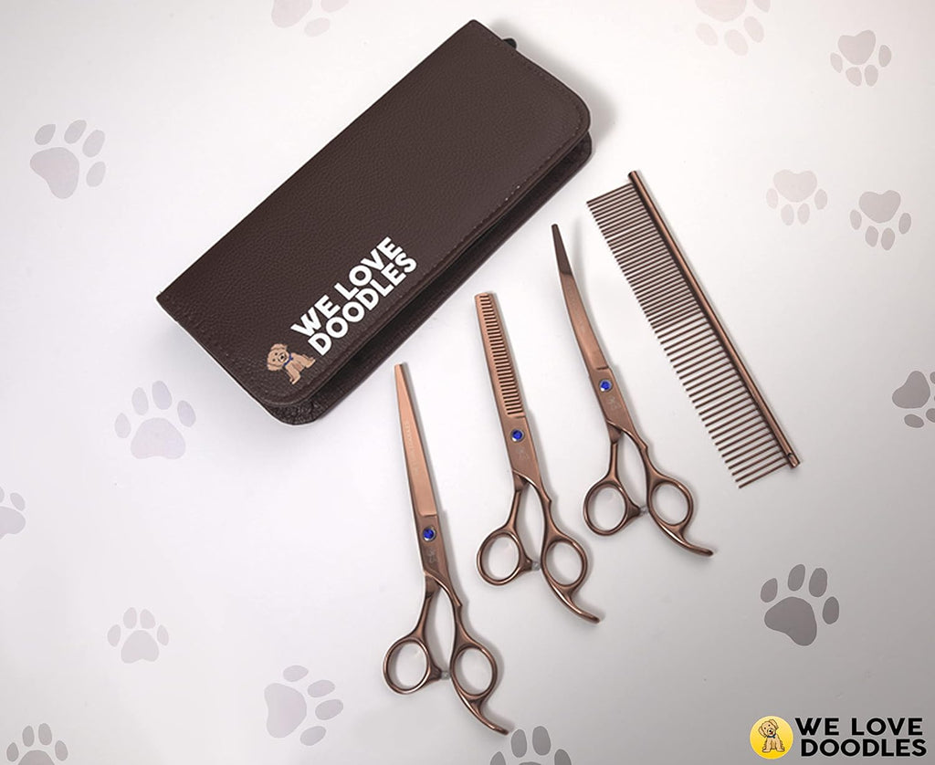 Dog Grooming Scissors Kit - Best Tools for Goldendoodles, Poodles & Doodles - Straight, Curved & Thinning Shears - Golden Doodle Grooming Kit - Professional Grade Steel, 4 Pc Set []
