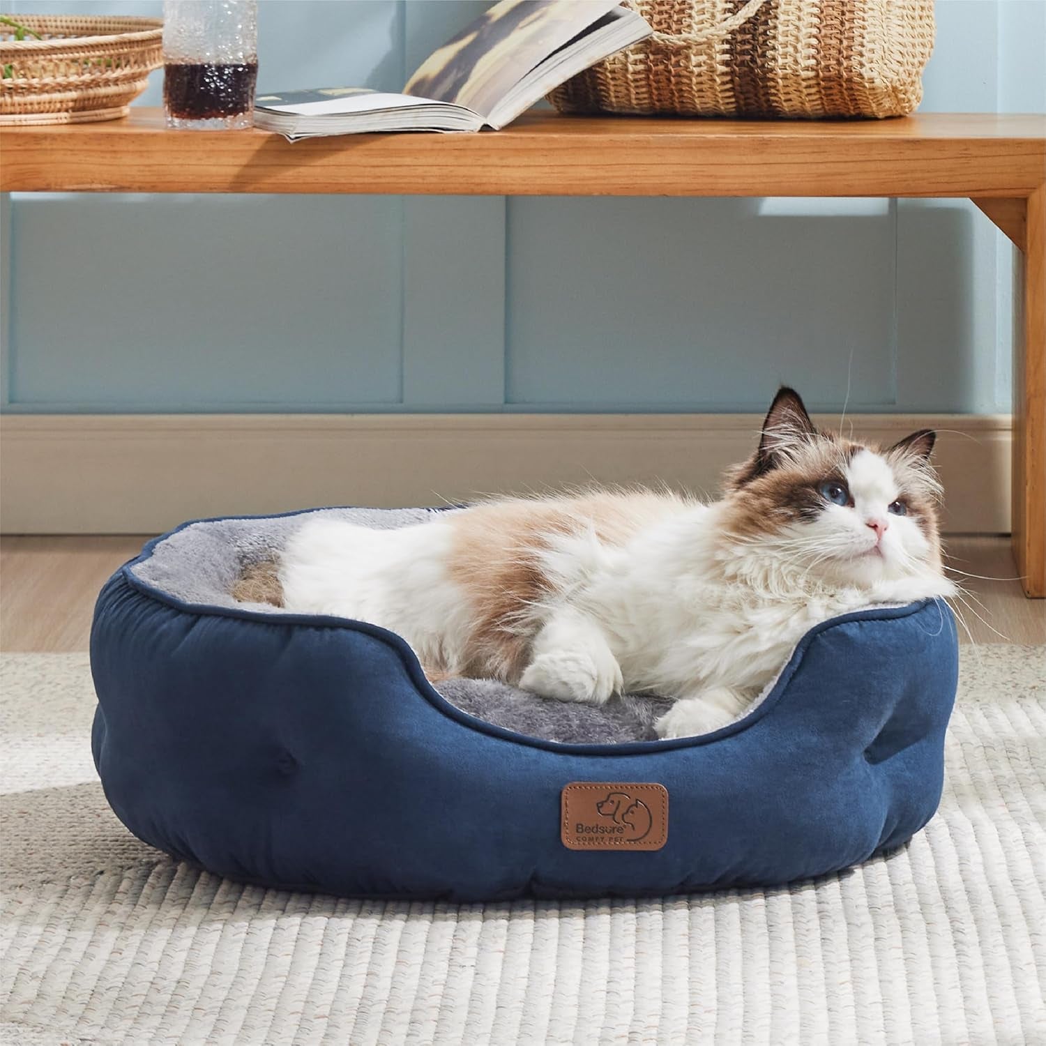 Dog Beds for Small Dogs - round Cat Beds for Indoor Cats, Washable Pet Bed for Puppy and Kitten with Slip-Resistant Bottom, 25 Inches, Navy