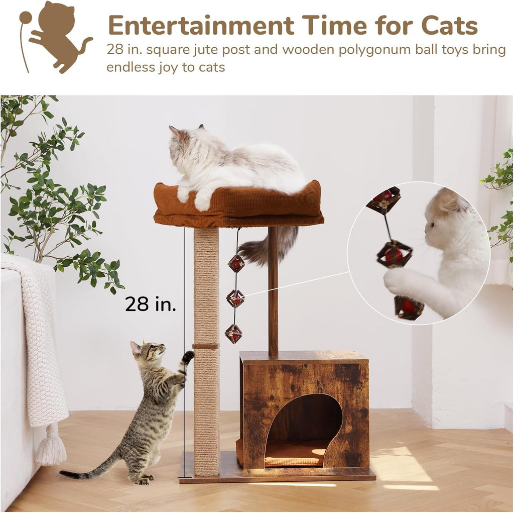Cat Scratching Post, Modern Style Cat Tree with Unique Square Post, Wooden Cat Tower with Silvervine Balls, Retro Cat Condo Scratcher for Indoor Cats（Solid Wood）