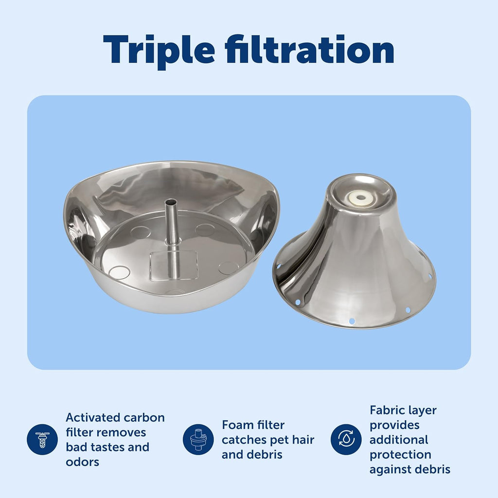 Seaside Stainless Pet Fountain - Encourages Hydration - Dual Filtration Removes Odors - Compact Design - Rust Resistant Material - Quiet Motor -
