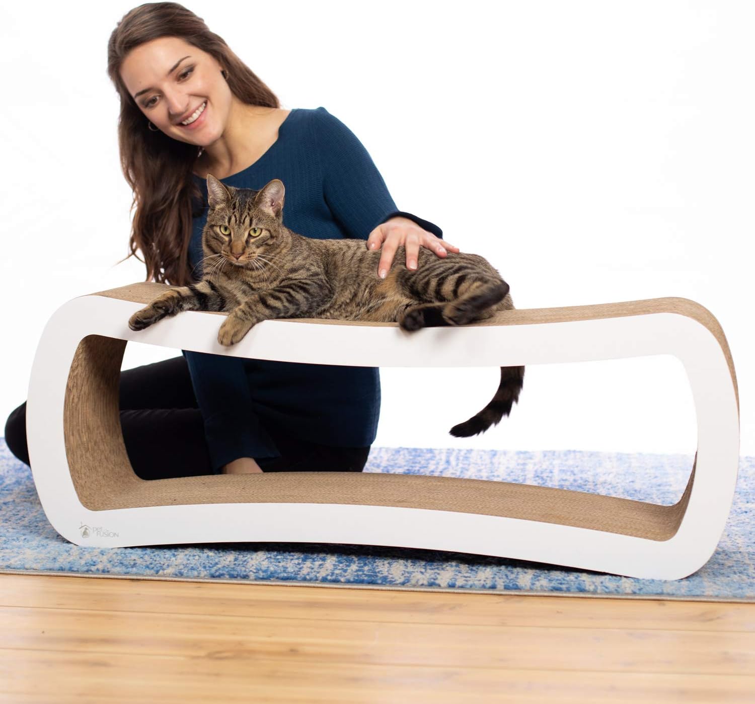 Jumbo Cat Scratcher Lounge, White. 39 X 11 X 14 Inch 4 Cardboard Scratching Surfaces and 2 Levels, Scratch, Play, Perch, and Hide100% Recyclable Cardboard Cat Lounge