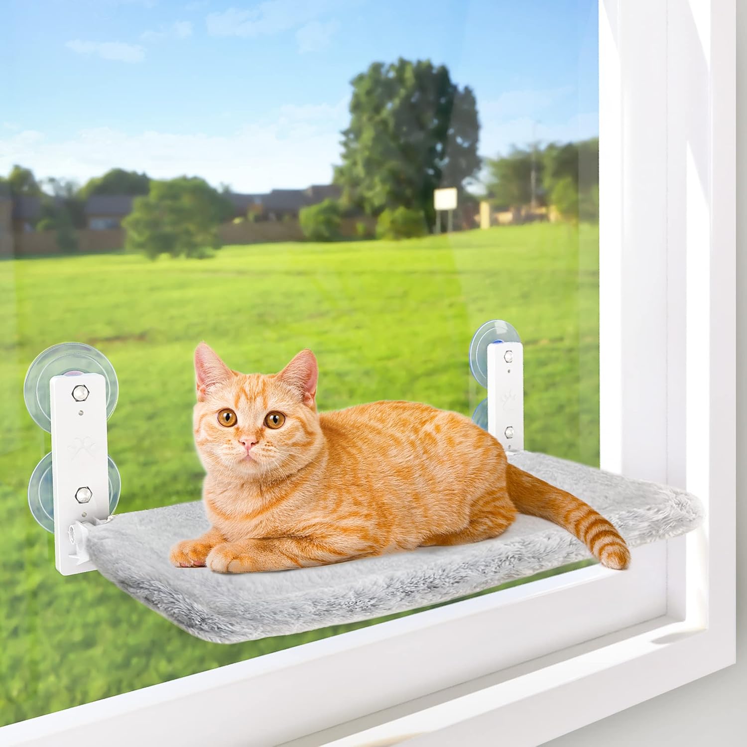 Cordless Cat Window Perch, Window Hammock for Cats with 4 Strong Suction Cups, Solid Metal Frame and Soft Cover, Indoor Cat Bed