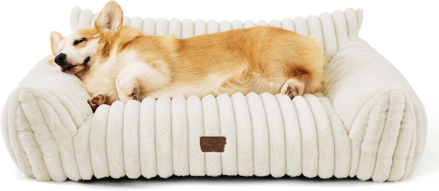 Cute Cat Couch for Pets - Fluffy Cat Beds with Premium Soft Corduroy Fleece, Fuzzy Cats Beds for Indoor Cats with Removable Washable Cover, Supportive Pet Sofa, 24Inch, Cream