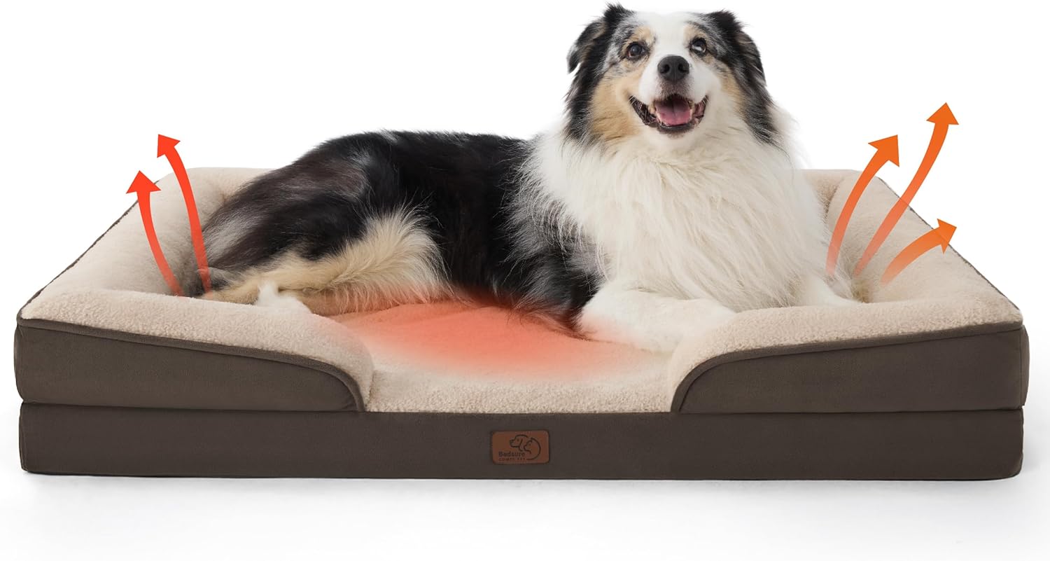 Self Warming Orthopedic Dog Bed Medium Size Dogs - Washable Medium Dog Bed Waterproof, Comfort Pet Couch with Removable Cover, Pets Sofa with Nonskid Bottom, Brown, Non-Electric