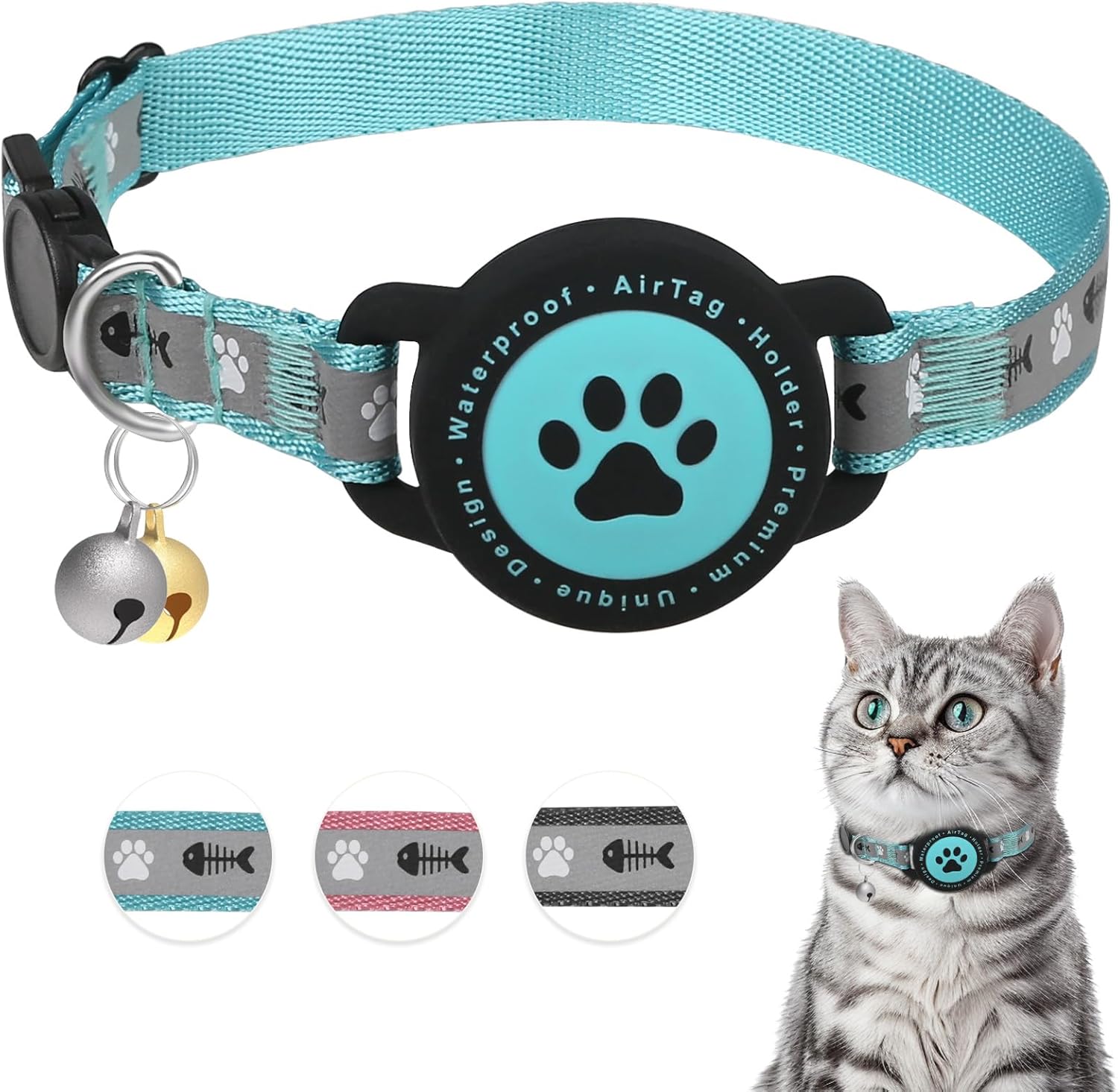 Waterproof Airtag Cat Collar, Reflective Cat Airtag Collar with Bell, Breakaway Cat Collar Airtag Holder, Lightweight Kitten Collar for Apple Air Tag, Cat GPS Collars for Girl Boy Cats, Kitten (Black)