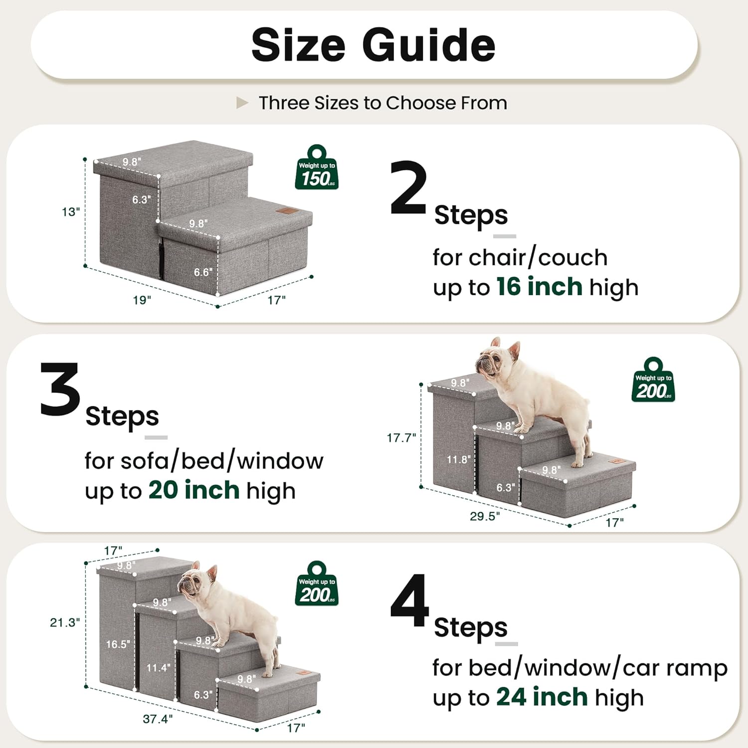 Dog Stairs with Storage 13" H,Foldable Pet Stairs for Small Medium or Large Dogs,Cat Puppy Steps Ramp with Zip up to 150 Lbs(Solid Grey,2 Steps No Condo)