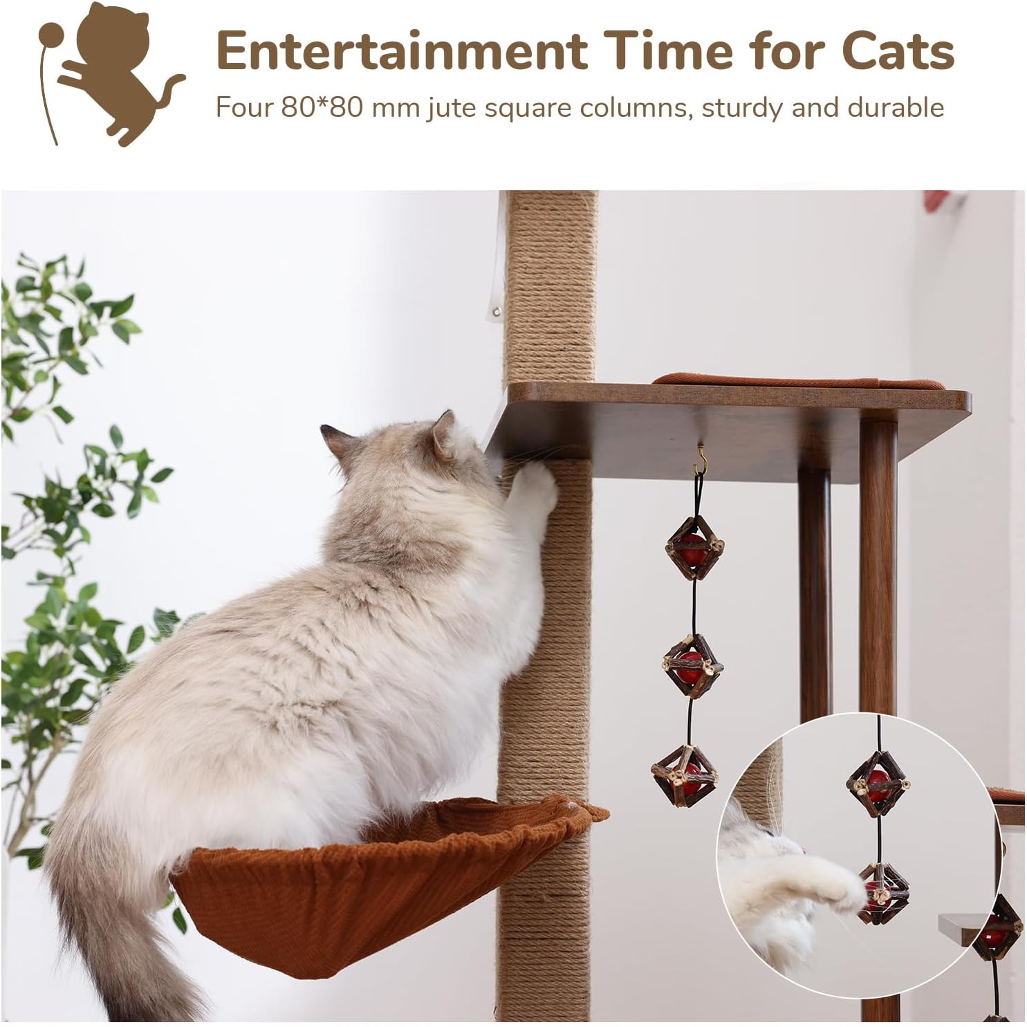 Cat Tree, 4 in 1 Large Modern Cats Tower with Jute Scratching Post and Hammock, Wood Cat Condo with Silvervine Balls, Brown Cat Climber Stand Playhouse for Indoor Cats, Retro Style
