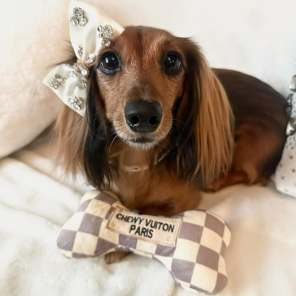 Checker Chewy Vuiton Bone, Plush Designer Dog Toys with Interactive Squeaker, Stimulating Pet Enrichment, Machine-Washable & Safe Materials for All Breeds, Size Medium