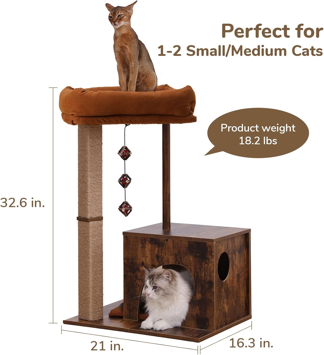 Cat Scratching Post, Modern Style Cat Tree with Unique Square Post, Wooden Cat Tower with Silvervine Balls, Retro Cat Condo Scratcher for Indoor Cats（Solid Wood）