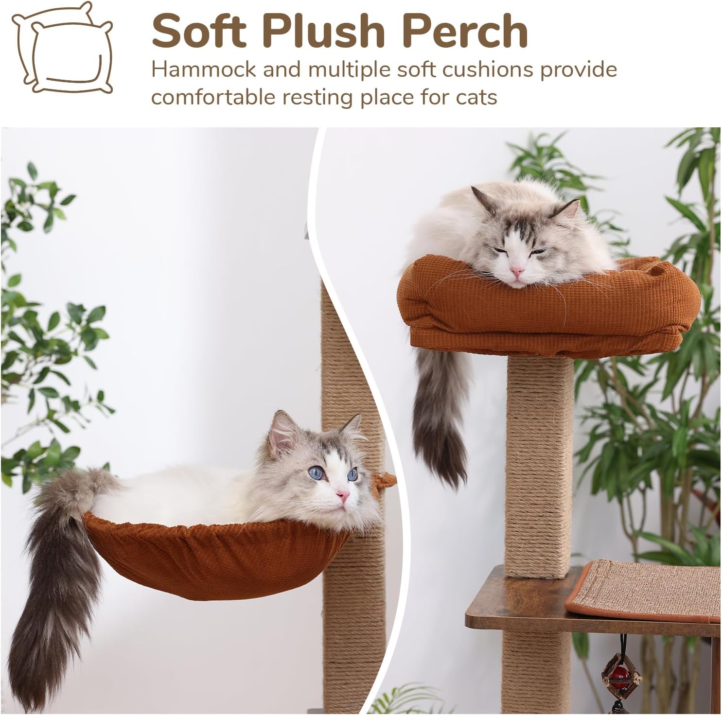 Cat Tree, 4 in 1 Large Modern Cats Tower with Jute Scratching Post and Hammock, Wood Cat Condo with Silvervine Balls, Brown Cat Climber Stand Playhouse for Indoor Cats, Retro Style