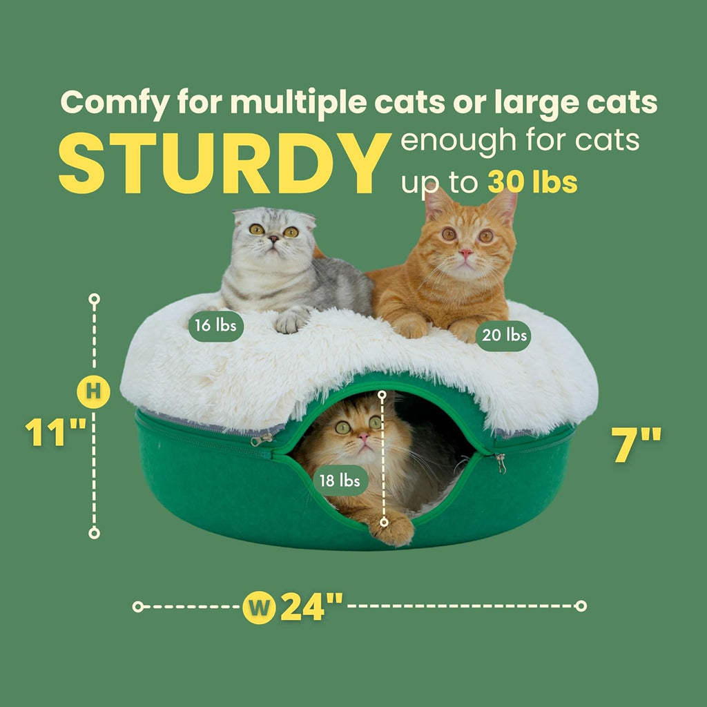 Peekaboo Cat Cave for Multiple & Large Cats up to 30-45 Lbs, Fluffy Cat Beds & Furniture, Scratch Detachable & Washable Tunnel Bed, Comfy Donut Bed (Forest Green, Large (Calming))