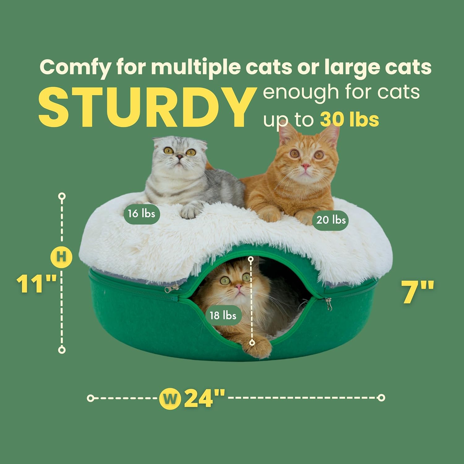 Peekaboo Cat Cave for Multiple & Large Cats up to 30-45 Lbs, Fluffy Cat Beds & Furniture, Scratch Detachable & Washable Tunnel Bed, Comfy Donut Bed (Forest Green, Large (Calming))