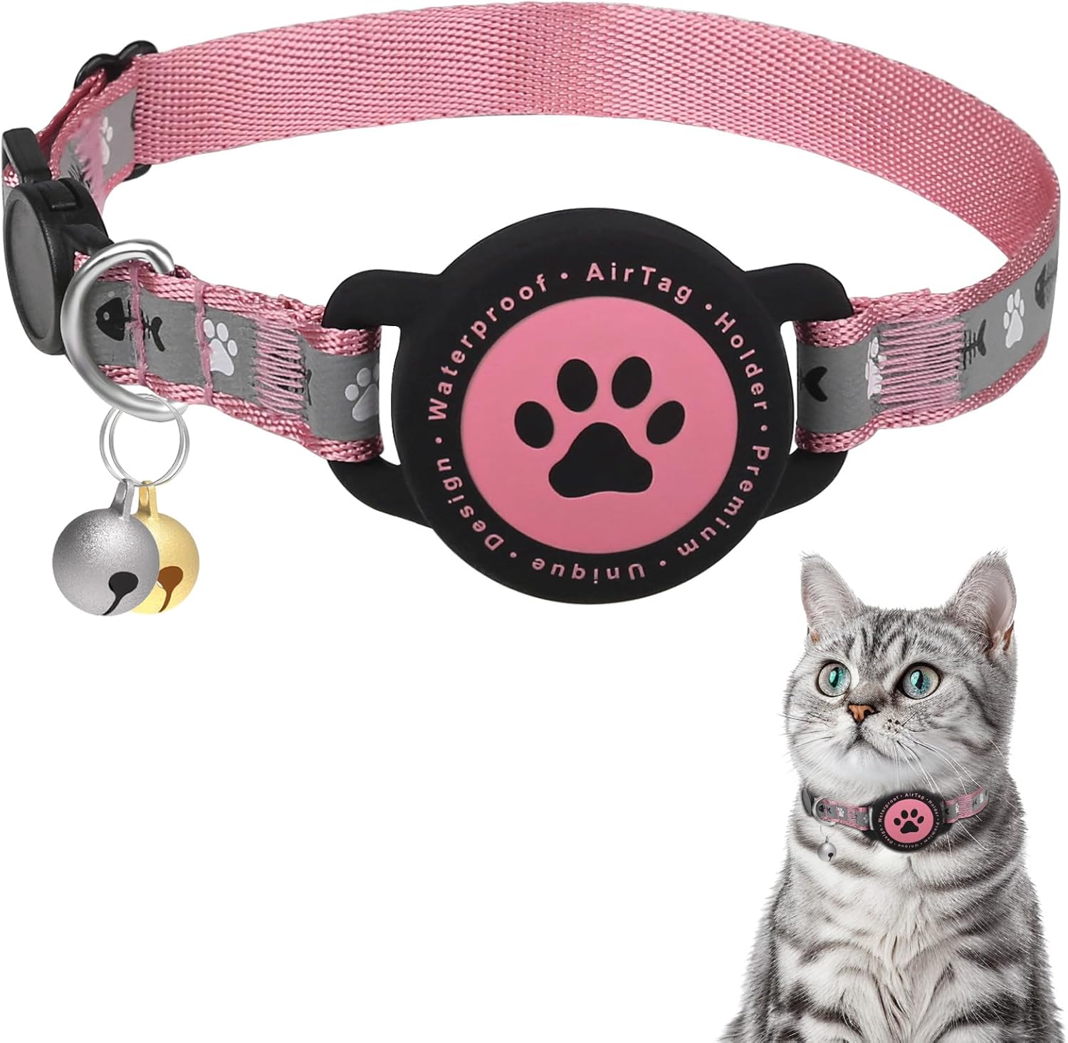 Waterproof Airtag Cat Collar, Reflective Cat Airtag Collar with Bell, Breakaway Cat Collar Airtag Holder, Lightweight Kitten Collar for Apple Air Tag, Cat GPS Collars for Girl Boy Cats, Kitten (Black)