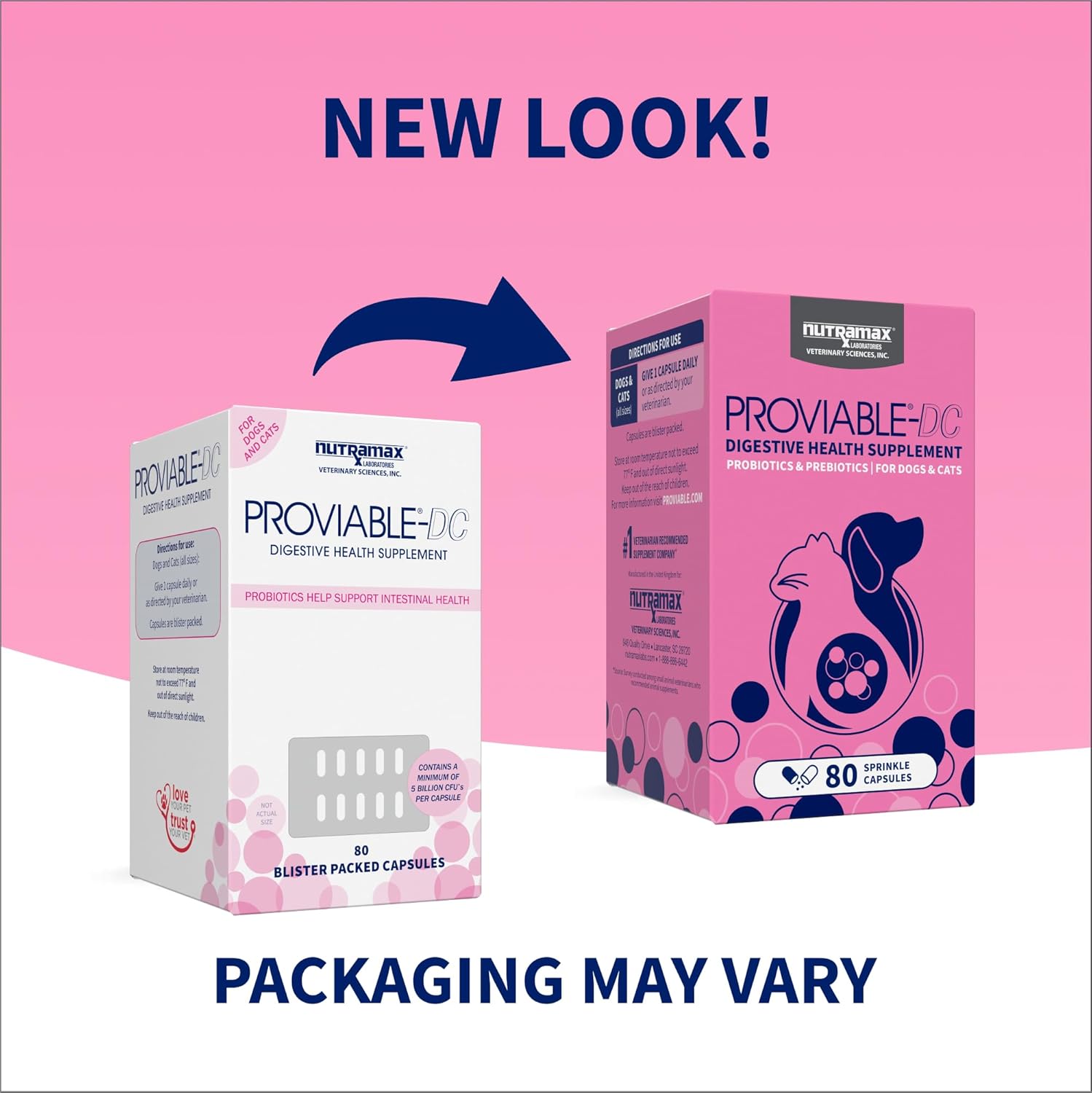 Nutramax Proviable Probiotics for Dogs and Cats, Daily Digestive Health Supplement with Multiple Strains of Bacteria, Cat and Dog Probiotics plus Prebiotics, 80 Capsules
