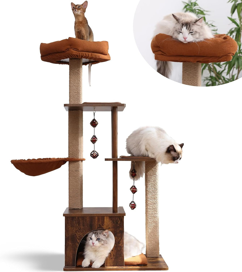 Cat Tree, 4 in 1 Large Modern Cats Tower with Jute Scratching Post and Hammock, Wood Cat Condo with Silvervine Balls, Brown Cat Climber Stand Playhouse for Indoor Cats, Retro Style