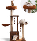 Cat Tree, 4 in 1 Large Modern Cats Tower with Jute Scratching Post and Hammock, Wood Cat Condo with Silvervine Balls, Brown Cat Climber Stand Playhouse for Indoor Cats, Retro Style