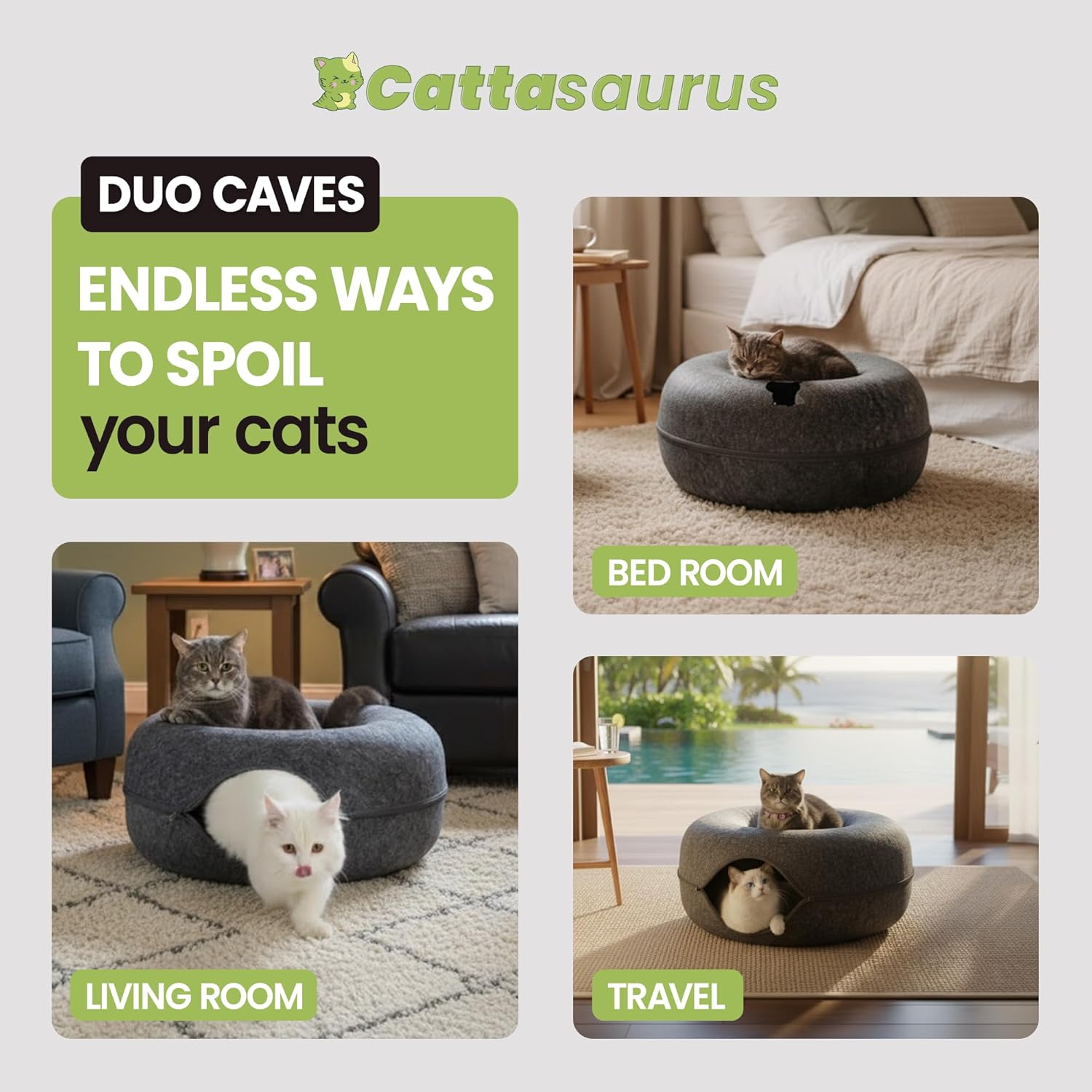 Peekaboo Cat Cave Donut for Multiple & Large Cats up to 30-45 Lbs, 3-In-1 Self Warming Cat Bed, Tunnel & Scratcher for Indoor Cats, Washable & Detachable (Dark Gray + Dark Gray, Large)